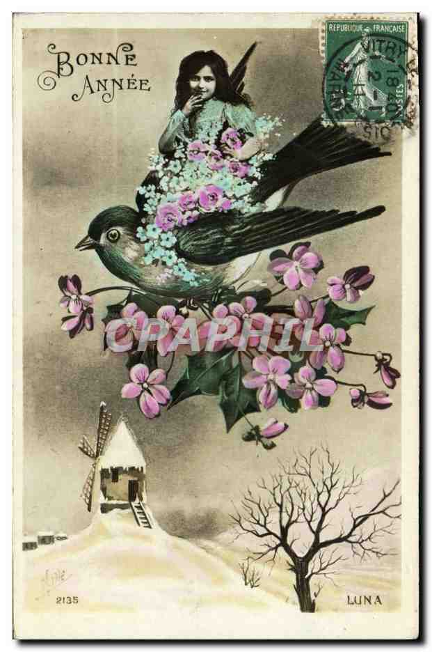 CPA Fantaisie Enfant Oiseau Moulin a vent