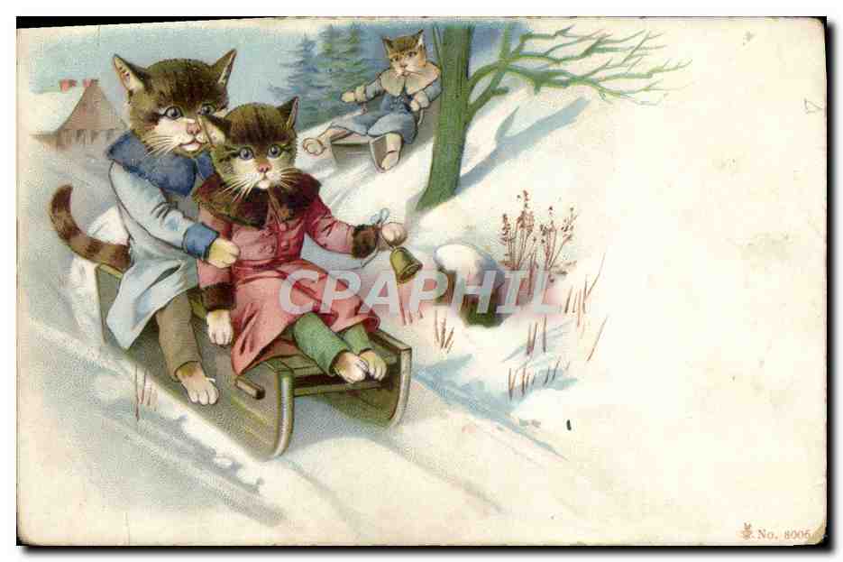 CPA Fantaisie Chat Chaton Luge