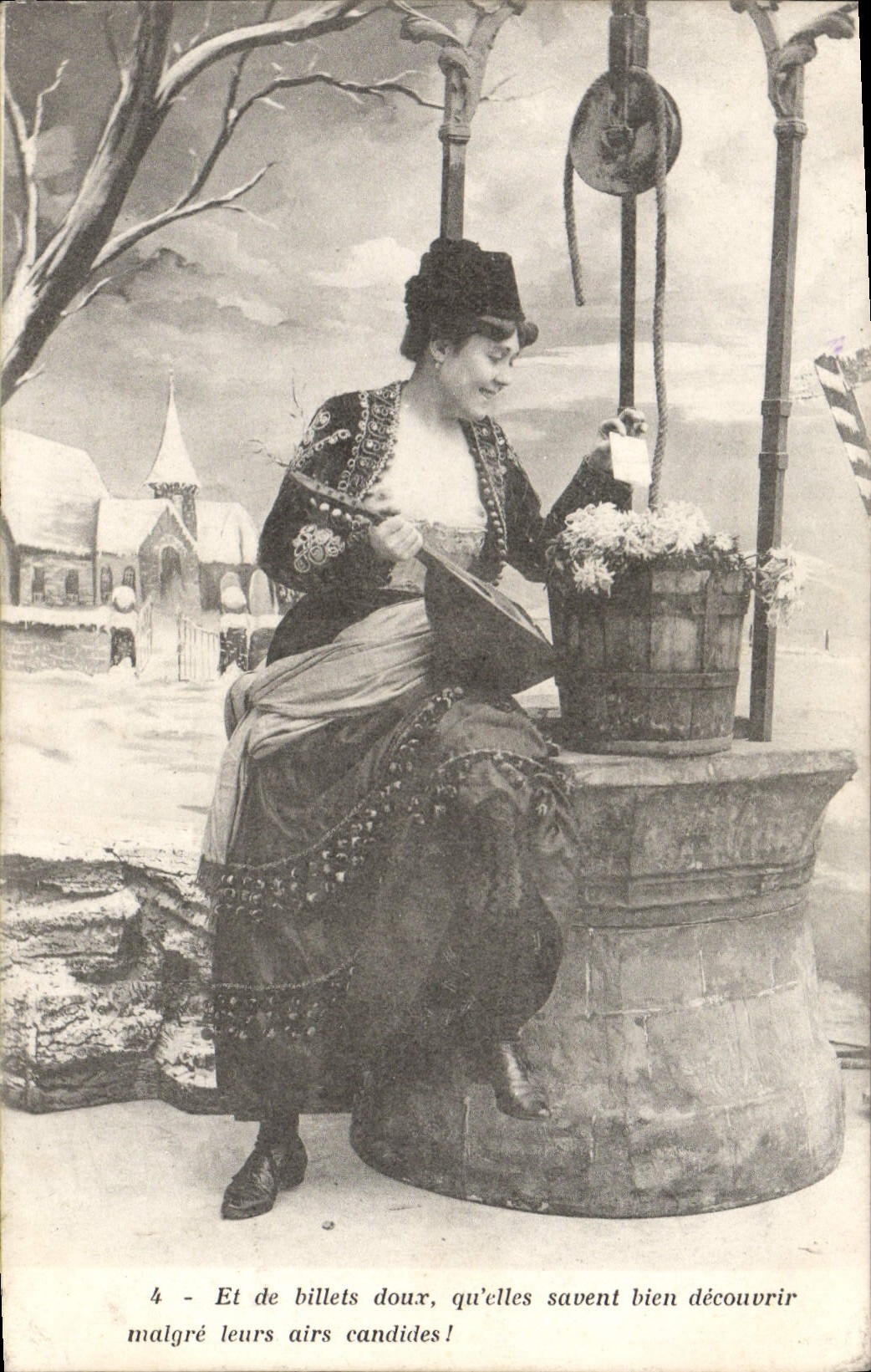 Frau am Brunnen — Winterlandschaft — Verlag nicht sichtbar