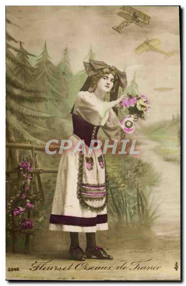 Fleurs et Oiseaux de France — jeune femme en costume folklorique tenant un bouquet — éditeur Fleurs et Oiseaux de France, n° 3542