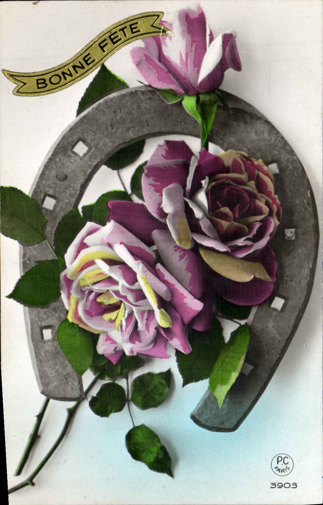 CPA Fantaisie Fleurs Fer a cheval Rose