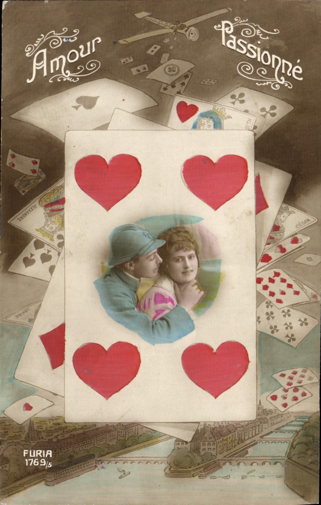 Amour Passionné — Carte postale illustrée avec couple sur carte à cœurs — Furia 1769/5