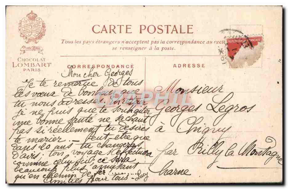 CPA Fantaisie Chocolat Lombart Un voyage de noce dans 20 ans Mariage Avion  — Rückseite