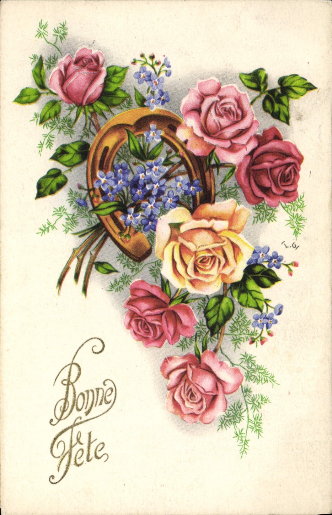 CPA Fantaisie Fleurs Fer a cheval