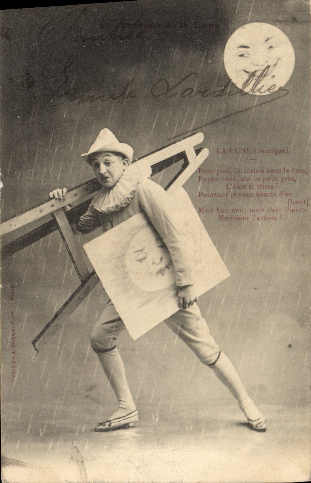 CPA Fantaisie Homme Portrait de la lune Pierrot 