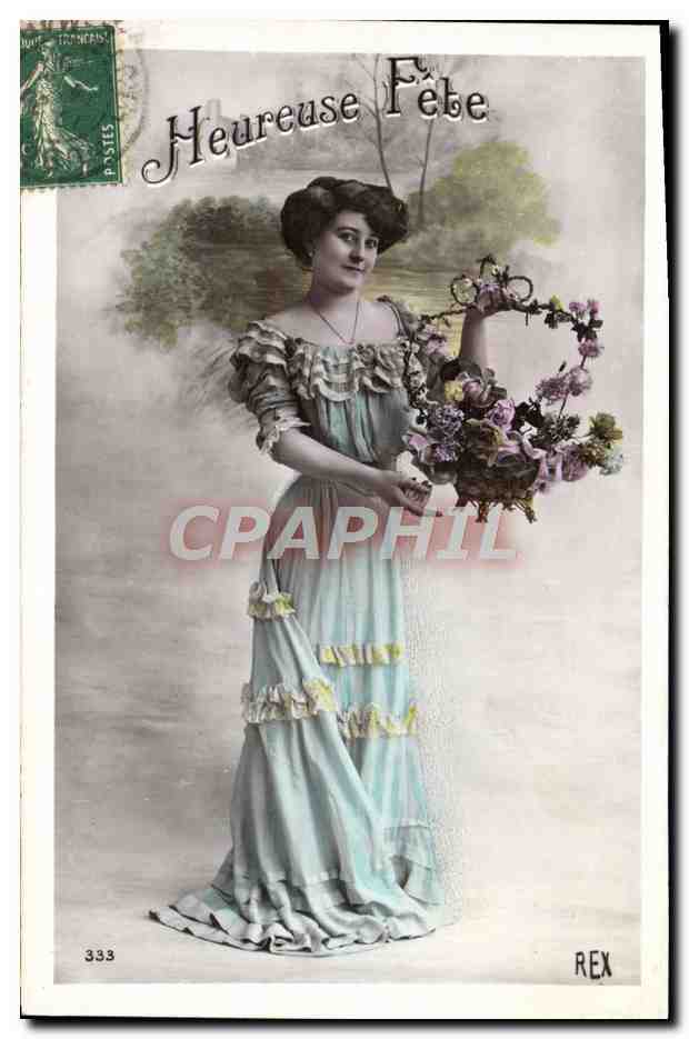 Femme en robe bleue tenant un bouquet — Heureuse Fête — REX, n° 333