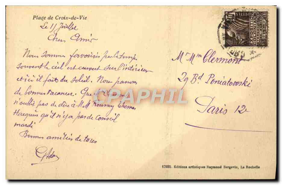 CPA Plage de Croix de Vie  — Verso