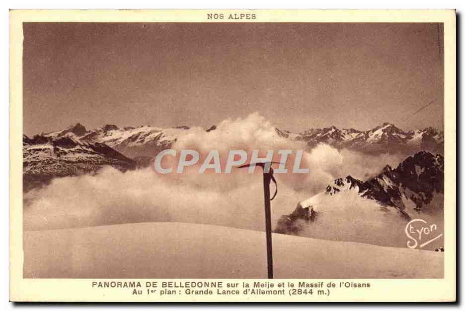 Panorama de Belledonne sur la Meije et le Massif de l'Oisans — Grande Lance d'Allemont (2844 m.) — Édition R. Girard, Grenoble