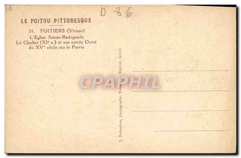 Poitiers — L'Église Sainte-Radegonde et son clocher du XVᵉ siècle — J. Robuchon, photographe, Poitiers — Verso