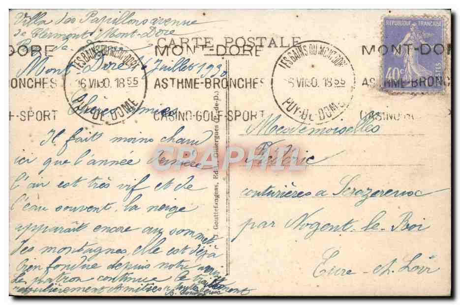 La Bourboule — Route de St-Sauves et Lac du Barrage — g.d’o. — 1893 — Rückseite