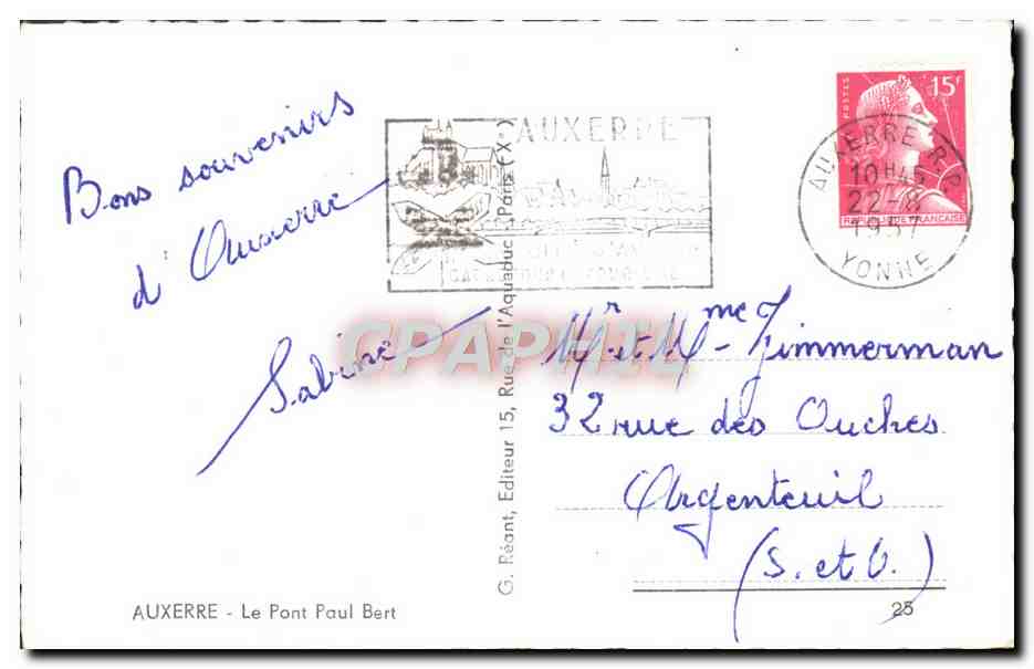 CPM Auxerre Le Pont Paul Bert — Verso