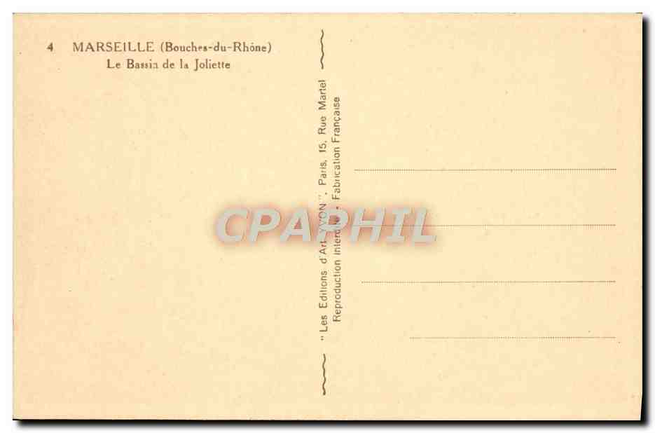 CPA Marseille Le Bassin de la Joliette Bateaux — Verso