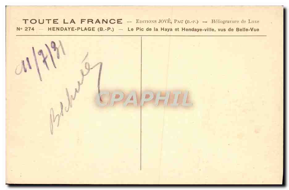 Hendaye-Plage (B.P.) — Le Pic de la Haya et Hendaye-ville, vus de Belle-Vue — Éditions JOVÉ, Pau (B.P.) — Rückseite