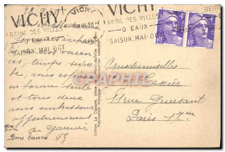 CPA Vichy Le Casino Cote du theatre — Verso