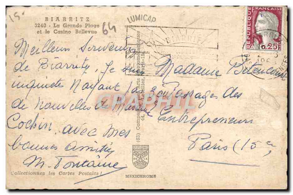 CPM Biarritz La Grande Plage Et Le Casino Bellevue — Verso