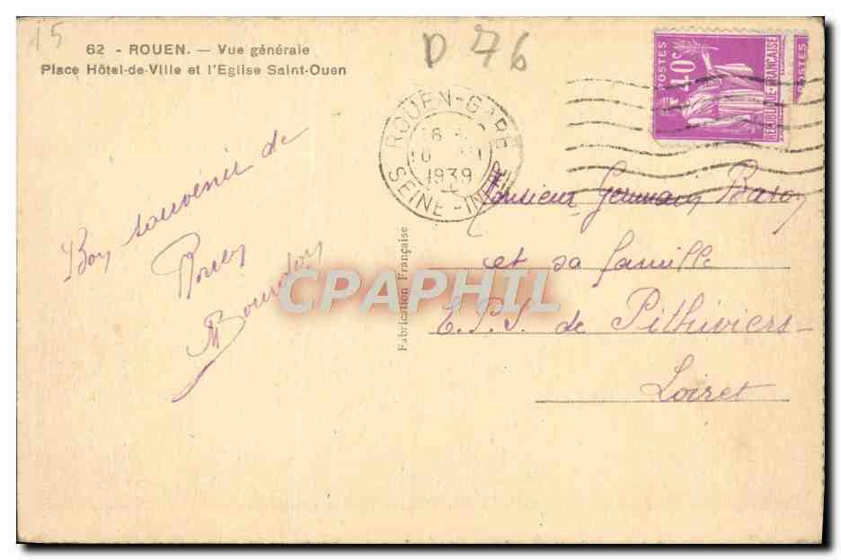CPA Rouen Vue Generale Place Hotel De Vile Et I Eglise Saint Ouen — Verso