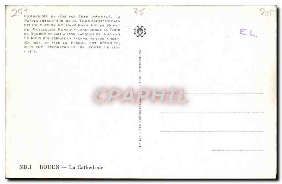 CPA Rouen La Cathedrale — Verso