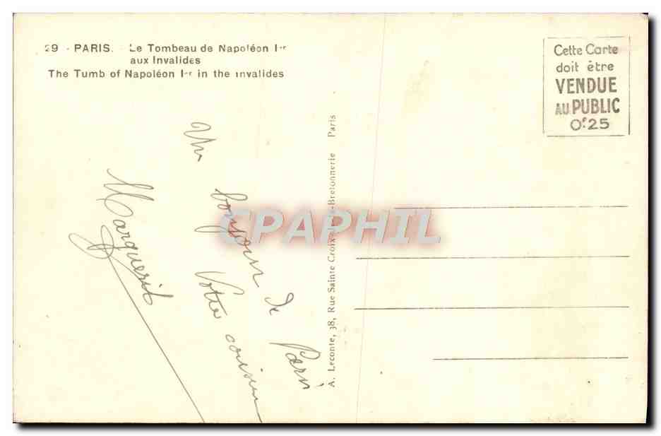 CPA Paris Le Tombeau De Napoleon 1er aux Invalides — Rückseite