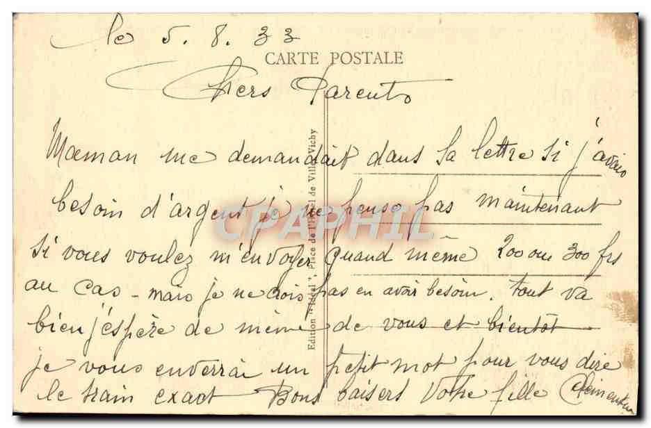 CPA Vichy Un coin des grands parcs au bassin des cygnes  — Verso
