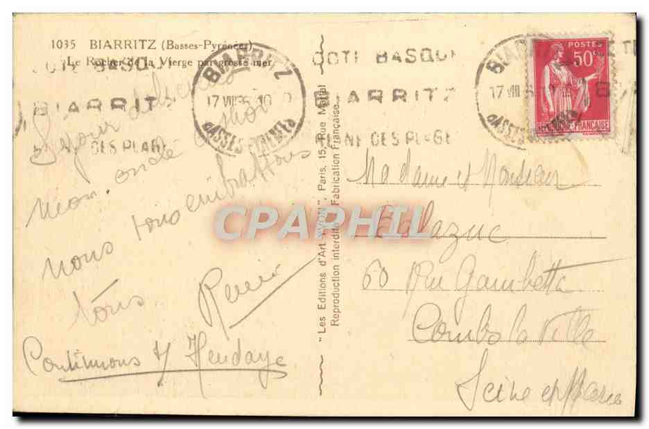 CPA Biarritz Le rocher de la Vierge par grosse mer  — Verso