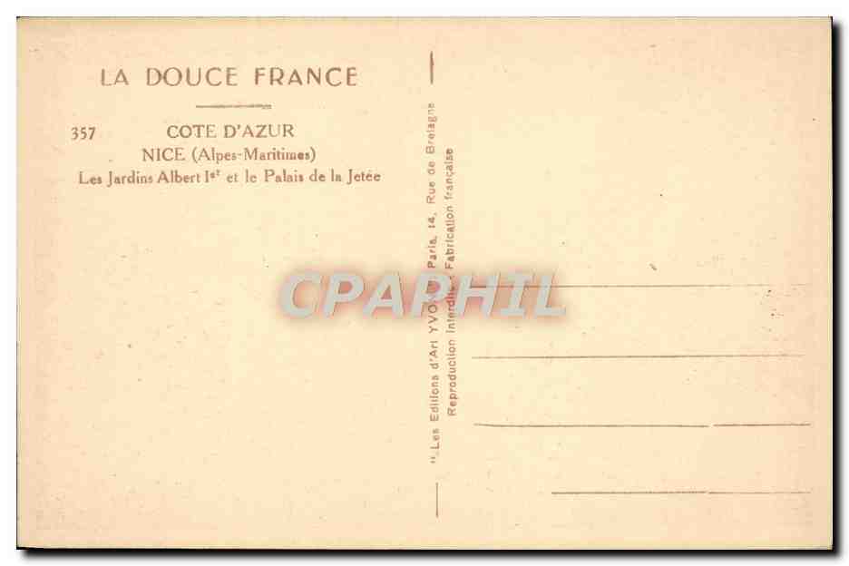 CPA Nice Les Jardins Albert 1er et le Palais de la Jetee — Rückseite
