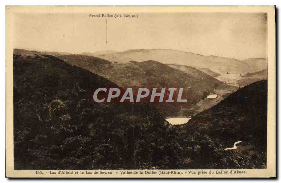 Lac d'Alfeld et Lac de Sewen — Vallée de la Doller (Haut-Rhin) — Vue prise du Ballon d'Alsace — J. Kunz, éditeur, Bouxwiller (Haut-Rhin)