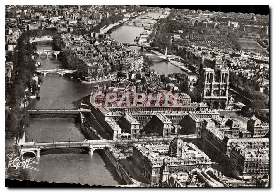 Paris - Luftbild: Îles de la Cité, Notre-Dame, Sainte-Chapelle und Statue der Sainte-Geneviève