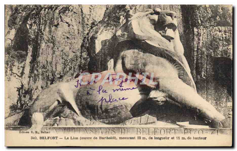 Belfort — Le Lion (œuvre de Bartholdi), mesurant 22 m. de longueur et 11 m. de hauteur — Édition E. M., Belfort, n° 340