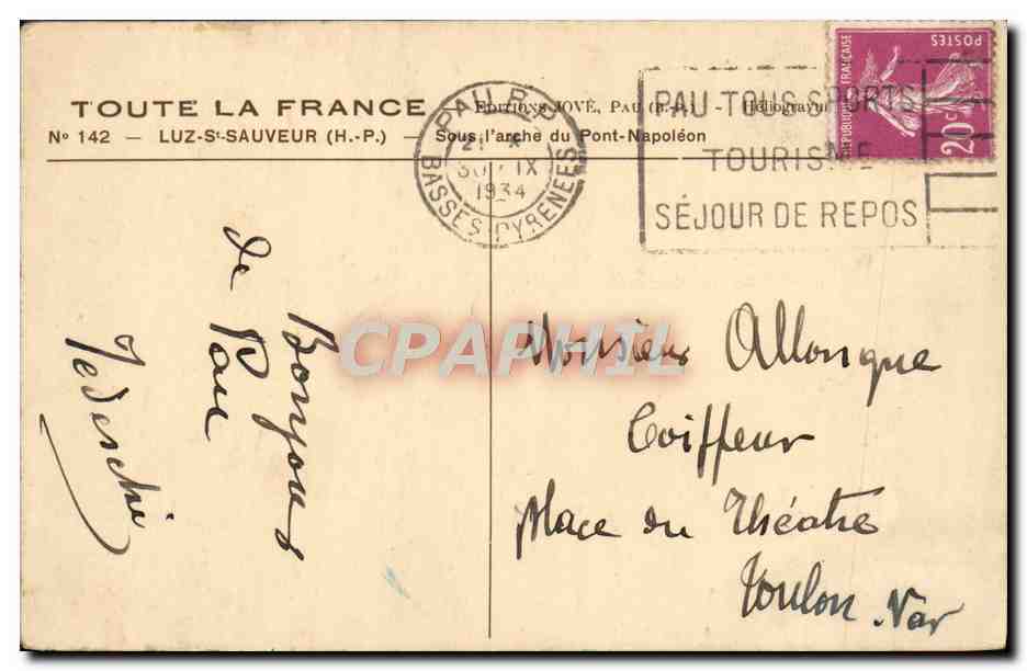 CPA Luz Saint Sauveur Sous l'arche du Pont Napoleon  — Verso