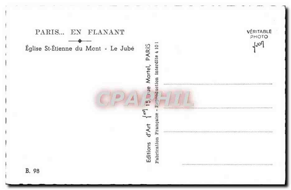 CPM Paris Eglise St Etienne du Mont Le jube — Rückseite