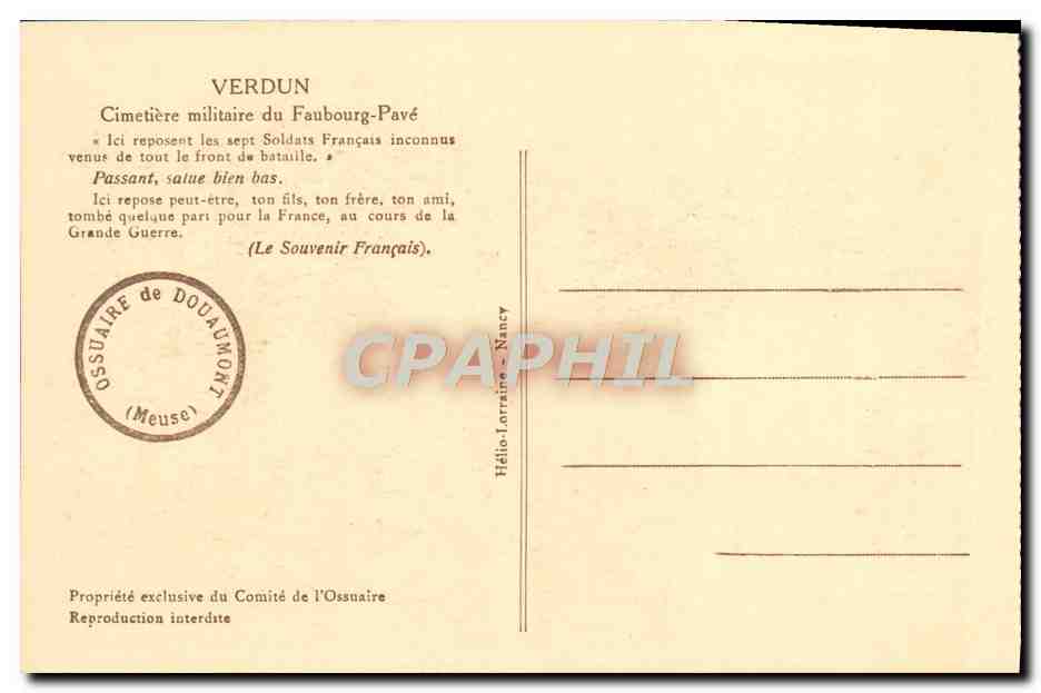 Cimetière militaire du Faubourg-Pavé — Verdun — éditeur Ossuaire de Douaumont — Verso