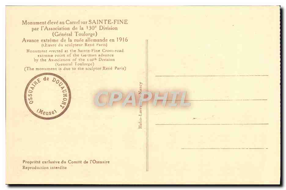 CPA Monument Carrefour Sainte Fine Militaria — Rückseite