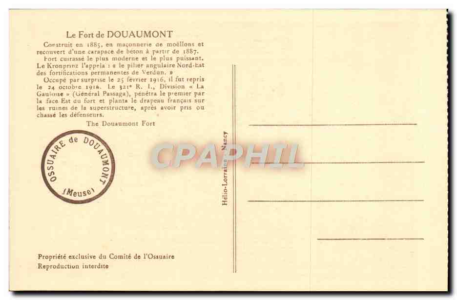 CPA Le Fort de Douaumont Militaria — Rückseite