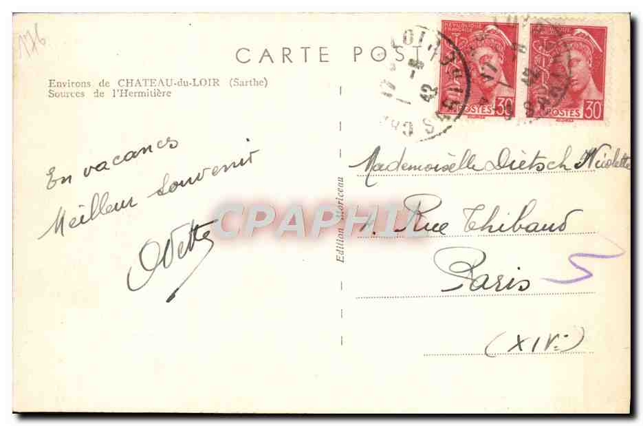 CPA Environs de Chateau du Loir Sources de l'Hermitiere  — Rückseite