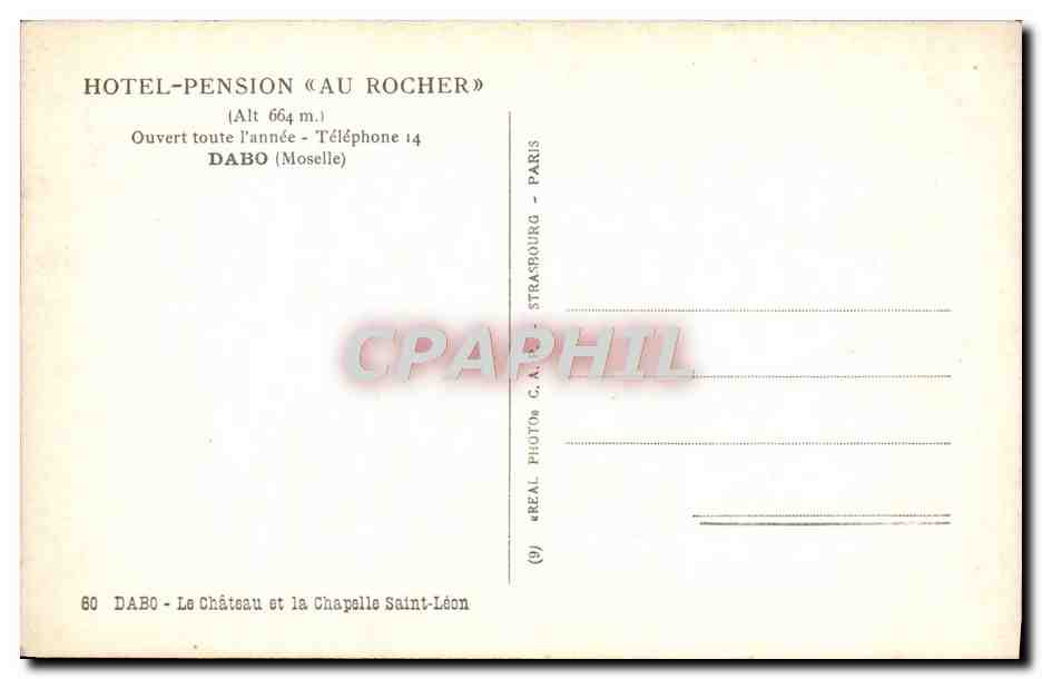 Dabo - Le Château et la Chapelle Saint-Léon — Hotel-Pension «Au Rocher» — éditeur REAL PHOTOS C.A. STRASBOURG — Rückseite