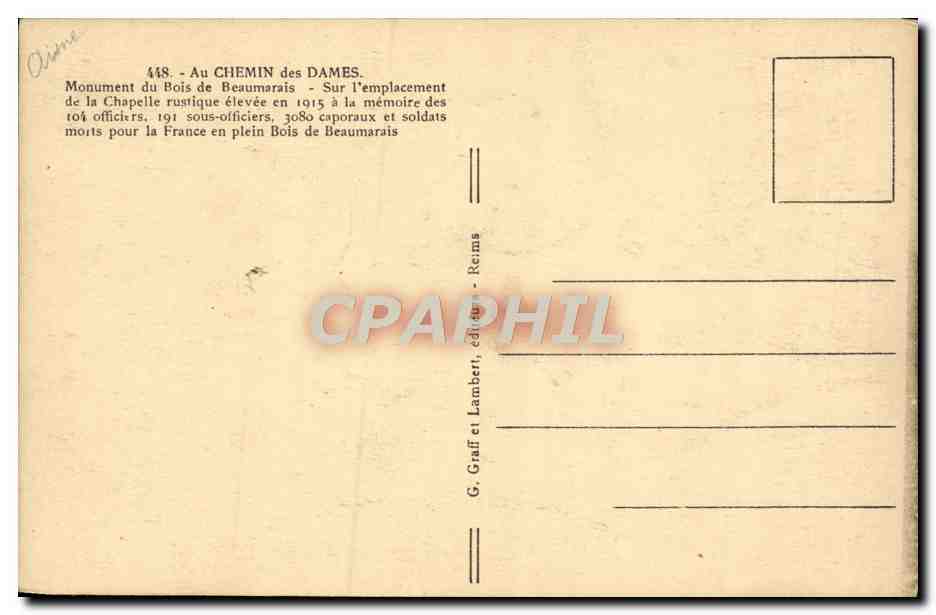 CPA Chemin des Dames Monument du Bois de Beaumarais Militaria — Rückseite