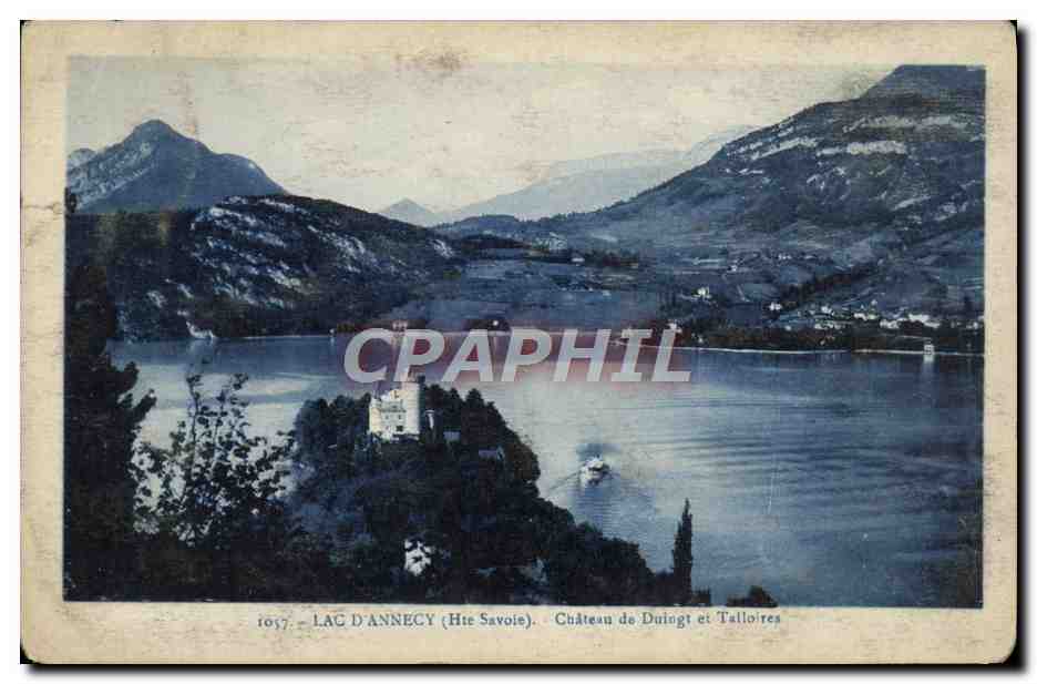 Tarjeta postal antigua Lago de Annecy Castillo de Duingt y Talloires