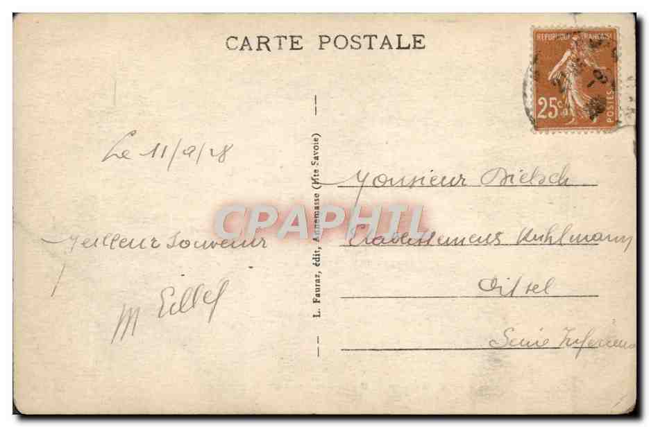Tarjeta postal antigua Lago de Annecy Castillo de Duingt y Talloires — Reverso