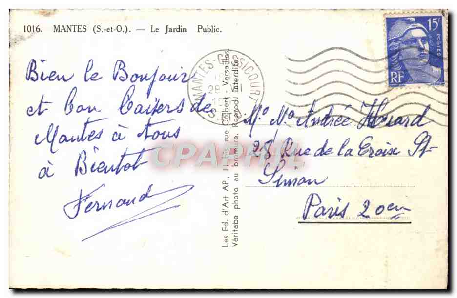 Mantes (S.-et-O.) — Le Jardin Public — Éd. d'Art AP, n°1016 — Reverso