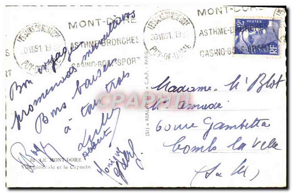 CPM Mont Dore Vue generale et le Capucin — Verso
