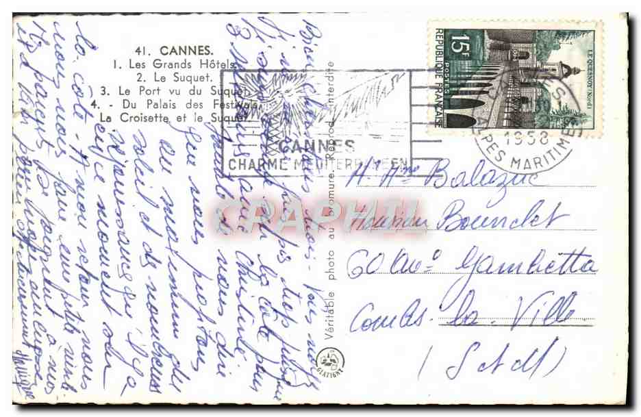 CPM Cannes Les Grands Hotels Le Suquet Le port vu du Suquet — Rückseite