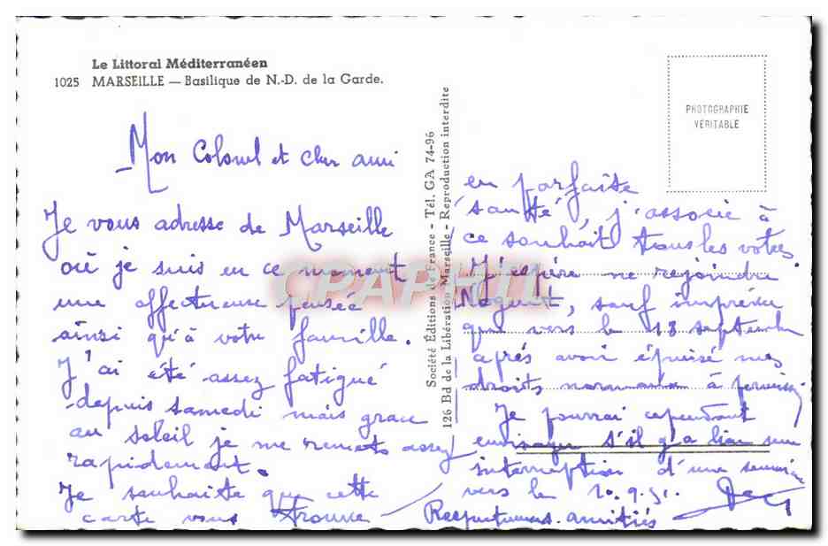 CPM Marseille Basilique ND De La Garde — Verso