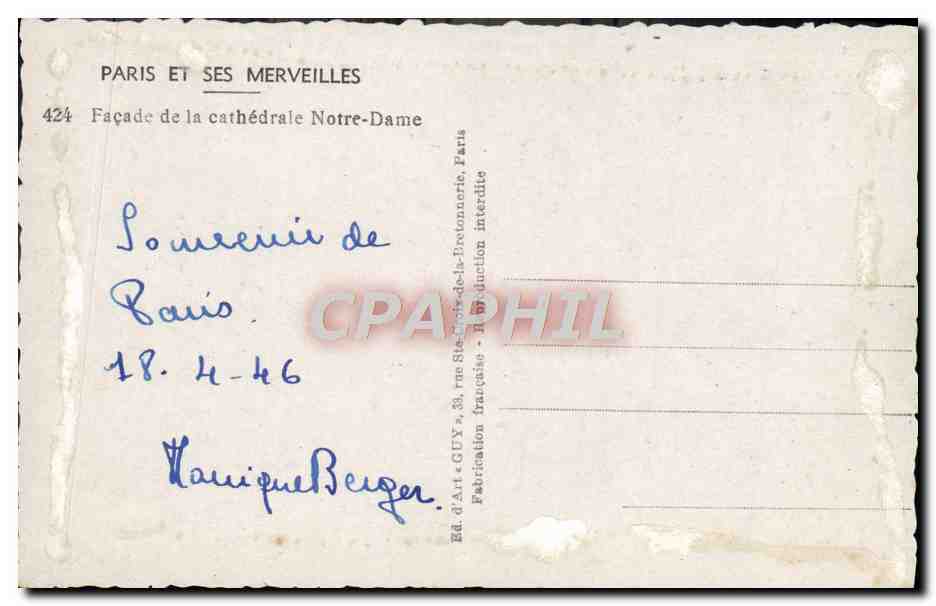 CPM Merveilles Facade De La Cathedrale Notre Dame Paris — Verso