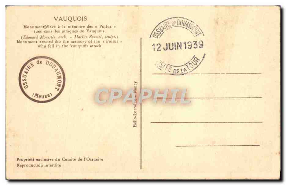CPA Vauquois Monument eleve a la memoire des Poilus Militaria  — Rückseite