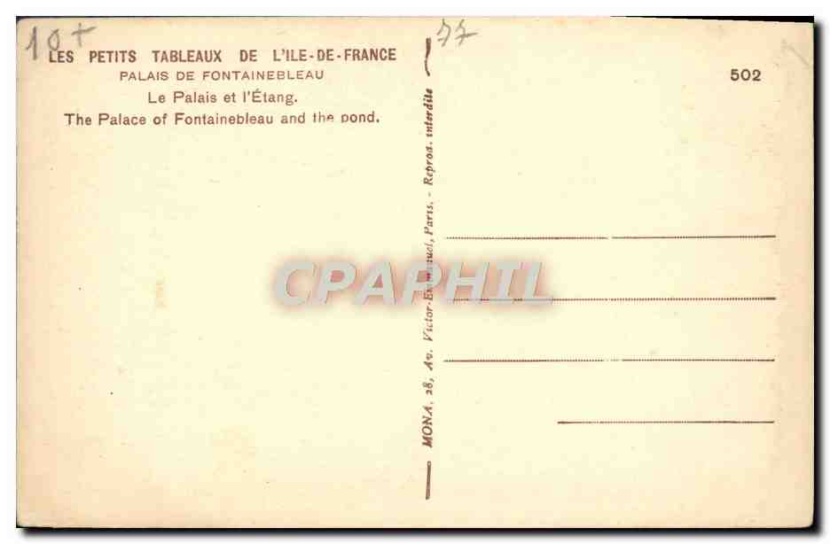 Château de Fontainebleau — Le Palais et l'Étang — éditeur Mona, n°502 — Verso