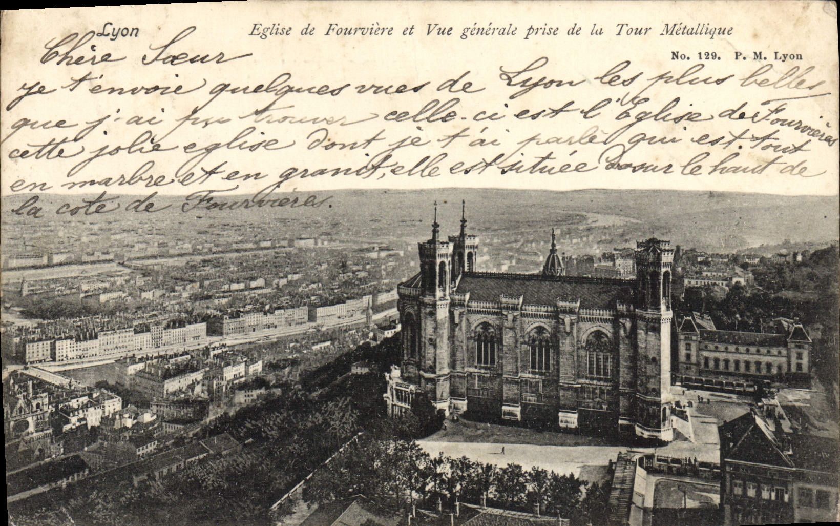 Lyon — Église de Fourvière et Vue générale prise de la Tour Métallique — P. M. Lyon, No. 129