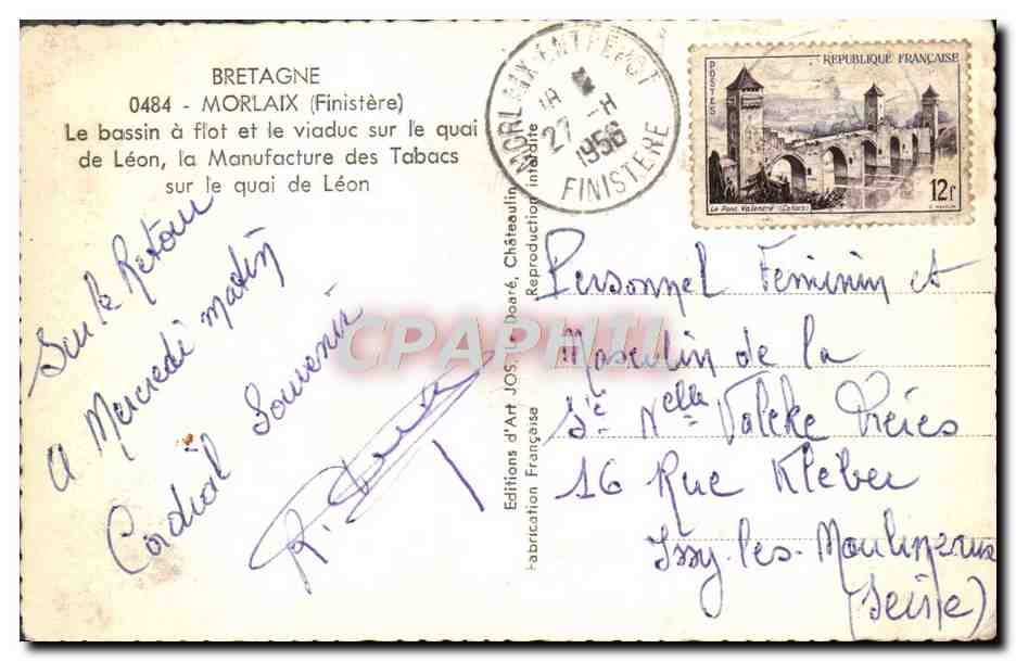 CPM Morlaix Le bassin a Flot et le Viaduc Sur le Quai de Leon La manufacture de tabacs sur le quai de Leon  — Rückseite