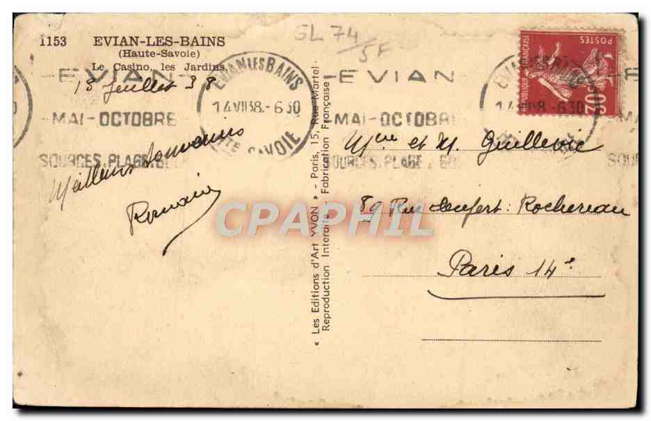 CPA Evian Les Bains Le Casino les Jardins — Verso