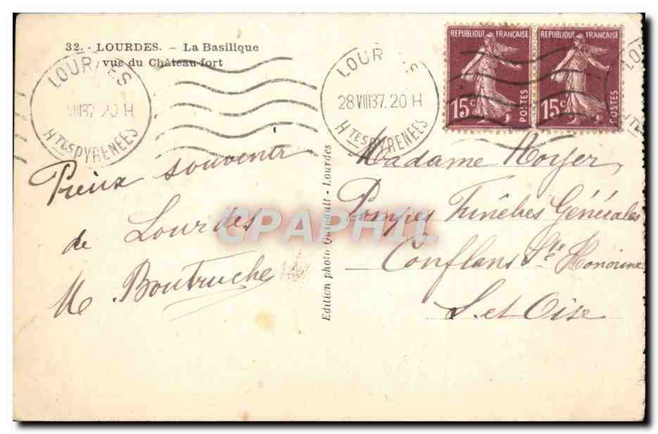 Lourdes — La Basilique vue du Château-fort — Édition Lourdes — Verso