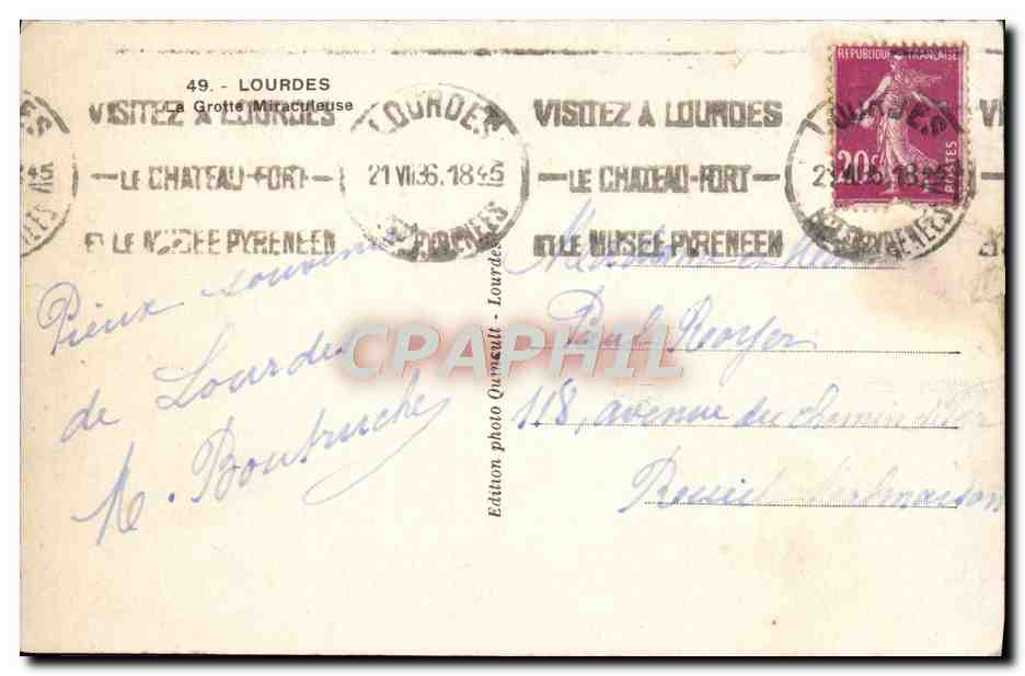 Grotte Miraculeuse — Lourdes — Édition photo Quemout — Verso